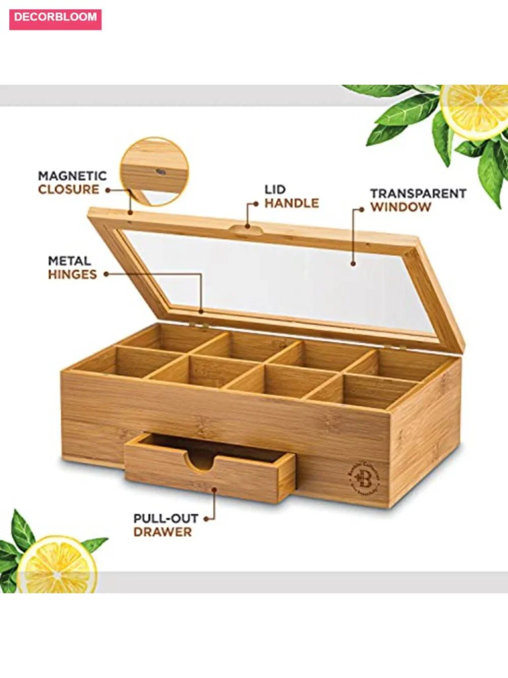 Bamboo Tea Bag Organizer Box with Acrylic Lid and Drawer